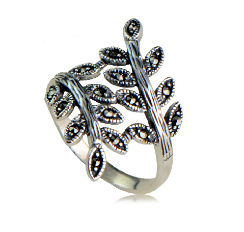 S925 Vintage Tree Branch Leaves Ring With Marcasite